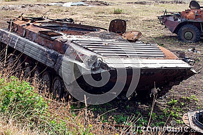 Destroyed infantry fighting vehicle, War actions aftermath, Ukraine and Donbass conflict Stock Photo