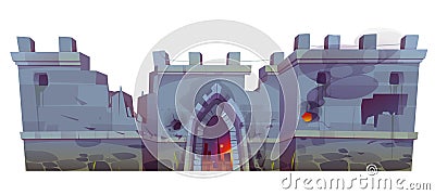 Destroyed medieval castle wall with broken gate Vector Illustration