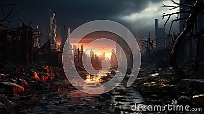 Destroyed modern big city with collapsed bombed buildings and structures blown Stock Photo