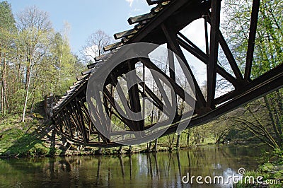 The destroyed railway bridge over the river Stock Photo