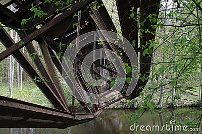 The destroyed railway bridge over the river Stock Photo