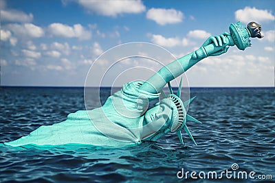 Destroyed Statue of liberty half covered by rising ocean level. Apocalypse of USA, America and the end of civilization concept Cartoon Illustration