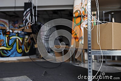 Destroyed structure of messy building covered in debris Stock Photo