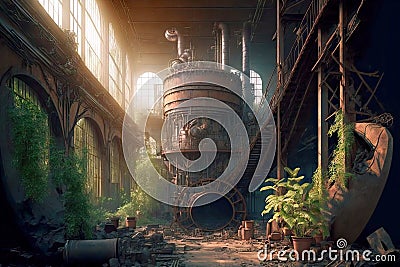 Destroyed towers and technical buildings in abandoned house overgrown with grass and plants Stock Photo