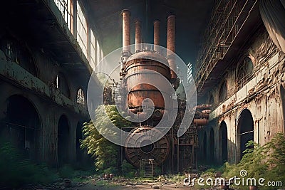 Destroyed towers and technical buildings in abandoned house overgrown with grass and plants Stock Photo