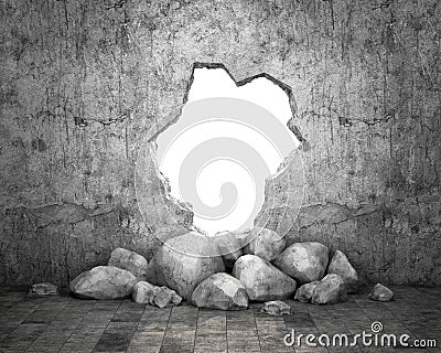 Destroyed wall of concrete structure. Concept of escape to freedom. 3d, illustration Cartoon Illustration
