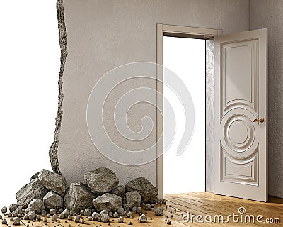 Destroyed wall and fallen stones with an open door on the side, 3d Cartoon Illustration