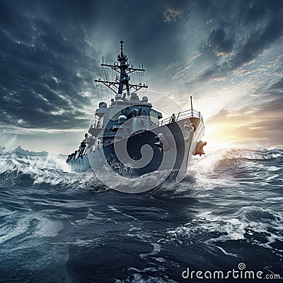 Destroyer Warship on the high seas. Threat. War, military maneuvers Stock Photo