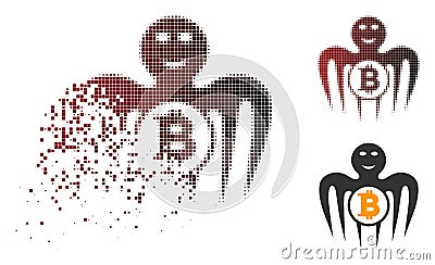 Destructed Pixelated Halftone Bitcoin Happy Monster Icon Vector Illustration