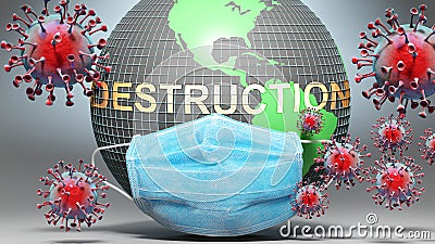 Destruction and covid - Earth globe protected with a blue mask against attacking corona viruses to show the relation between Cartoon Illustration