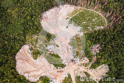 Destruction of forests and ecological system by garbage removal in forests, top view, destructive destruction of nature. Stock Photo