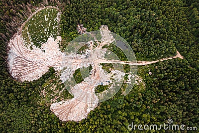 Destruction of forests and ecological system by garbage removal in forests, top view, destructive destruction of nature. Stock Photo