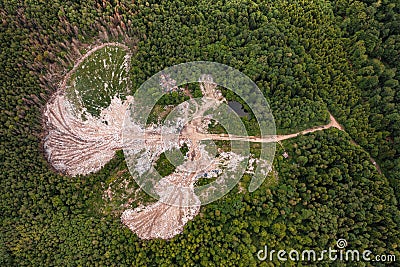 Destruction of forests and ecological system by garbage removal in forests, top view, destructive destruction of nature. Stock Photo