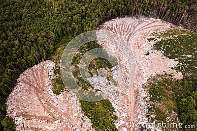 Destruction of forests and ecological system by garbage removal in forests, top view, destructive destruction of nature. Stock Photo