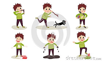 Set Of Vector Illustrations With Six Boys Of Destructive Behaviour Cartoon Characters Vector Illustration