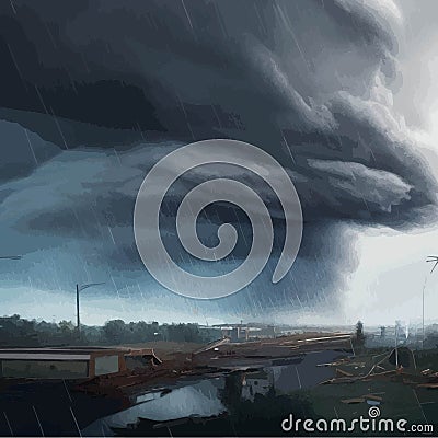 Destructive tornado destroys house, trees will break. Bad weather Vector Illustration