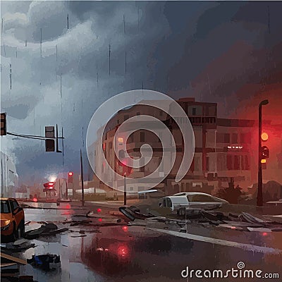 Destructive tornado destroys house, trees will break. Bad weather Vector Illustration