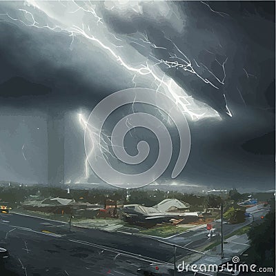 Destructive tornado destroys house, trees will break. Bad weather Vector Illustration