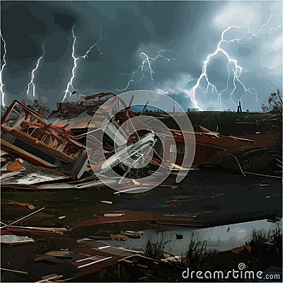 Destructive tornado destroys house, trees will break. Bad weather Vector Illustration