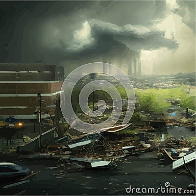 Destructive tornado destroys house, trees will break. Bad weather Vector Illustration