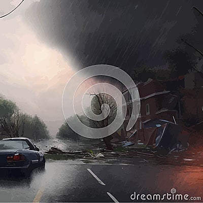 Destructive tornado destroys house, trees will break. Bad weather Vector Illustration