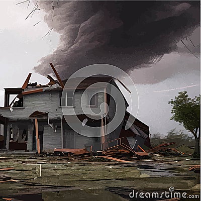 Destructive tornado destroys house, trees will break. Bad weather Vector Illustration