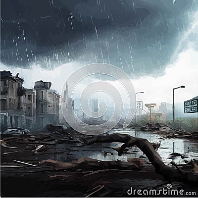 Destructive tornado destroys house, trees will break. Bad weather Vector Illustration