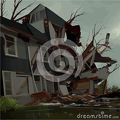 Destructive tornado destroys house, trees will break. Bad weather Vector Illustration