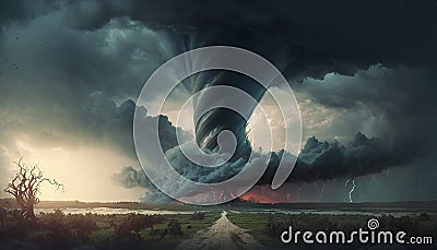 destructive tornado near the track, generative ai Stock Photo