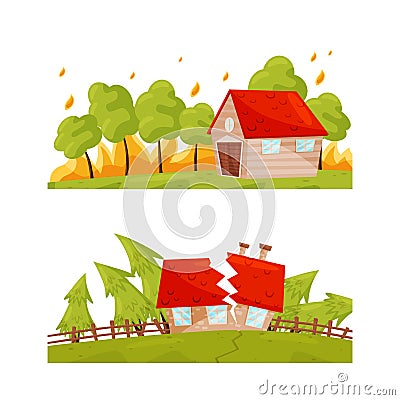 Destructive Weather Condition and Natural Cataclysm with Earthquake and Wildfire Vector Set Vector Illustration