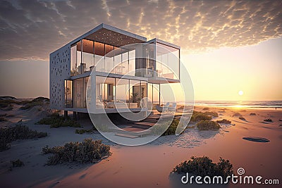 detached beachside villa with floor-to-ceiling windows for unparalleled view of the ocean and sunrise Stock Photo