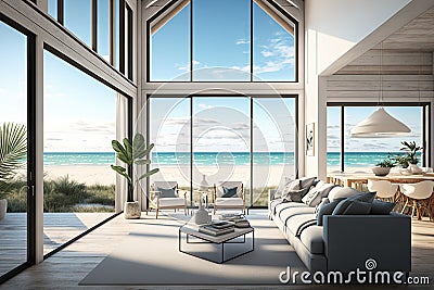 detached beachside villa with floor-to-ceiling windows for unparalleled view of the ocean and sunrise Stock Photo