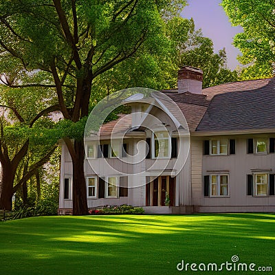 Detached, two-floor house with a green, perfect lawn, real estate Stock Photo
