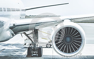 Detail of airplane engine wing at airport terminal gate Stock Photo