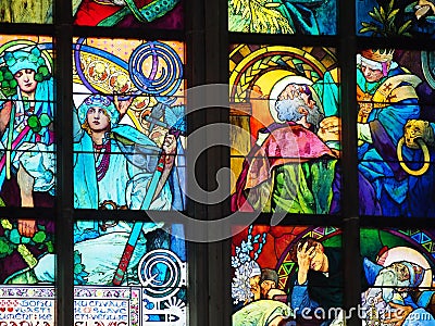 Detail of Alfons Mucha Stained Glass Prague Stock Photo