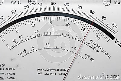 Detail of an analog voltmeter, pointer scale Stock Photo