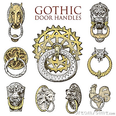 Detail ancient building. architectural ornamental elements, wooden door knob, knocker or handles. lion and horse Vector Illustration