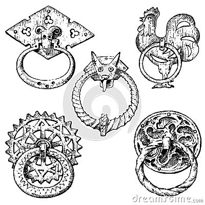 Detail ancient building. architectural ornamental elements, wooden door knob, knocker or handles. Rooster and mouse Vector Illustration