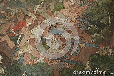 Detail ancient painting on the wall in Wat Suthat temple Editorial Stock Photo