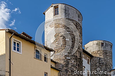 Detail of the ancient Porta San Gervasio, a gate in the old walls of Lucca, Italy Stock Photo