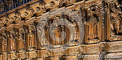 Detail of wood carved choir stalls at Malaga cathedral, Spain. Editorial Stock Photo