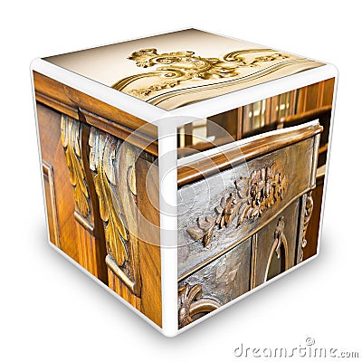 Detail of antique italian furniture just restored - 3D render cube shaped conceptual image Stock Photo