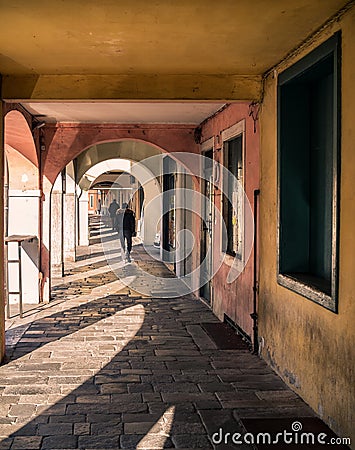 Detail of the arcades of the medieval town of Montagnana. Editorial Stock Photo