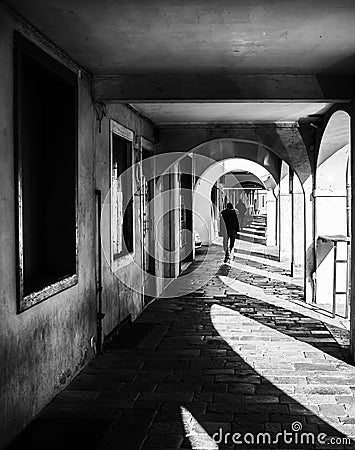 Detail of the arcades of the medieval town of Montagnana. Editorial Stock Photo