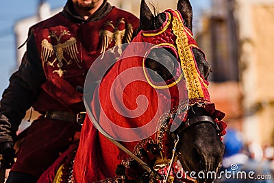 Detail of the armor of a knight mounted on horseback during a display at a medieval festival Stock Photo