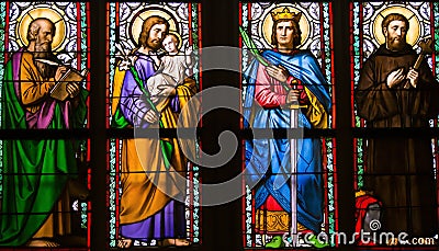 Detail of art nouveau stained glass window by Alfons Mucha, St. Vitus Cathedral, Prague castle, Czech Republic Editorial Stock Photo