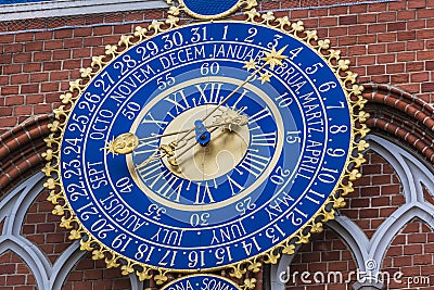 Detail of astronomical clock on the House of Blackheads, Riga, L Stock Photo
