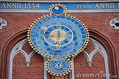 Detail astronomical clock on the House of Blackheads, Riga, Latvia Editorial Stock Photo