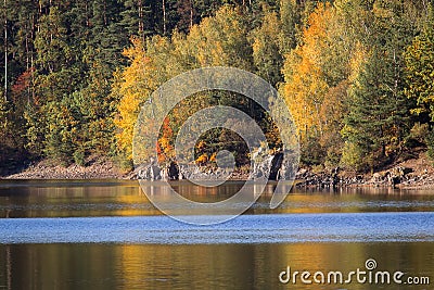 Detail of autumn coloful trees with water, dam Rimov, Czech land Stock Photo