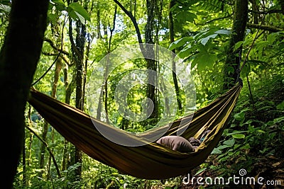 detail of a backpacker hammock between two lush trees Stock Photo